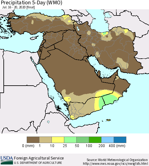 Middle East and Turkey Precipitation 5-Day (WMO) Thematic Map For 7/16/2020 - 7/20/2020