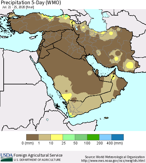 Middle East and Turkey Precipitation 5-Day (WMO) Thematic Map For 7/21/2020 - 7/25/2020
