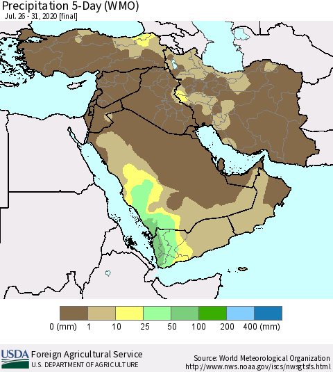 Middle East and Turkey Precipitation 5-Day (WMO) Thematic Map For 7/26/2020 - 7/31/2020