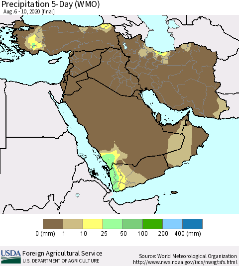 Middle East and Turkey Precipitation 5-Day (WMO) Thematic Map For 8/6/2020 - 8/10/2020