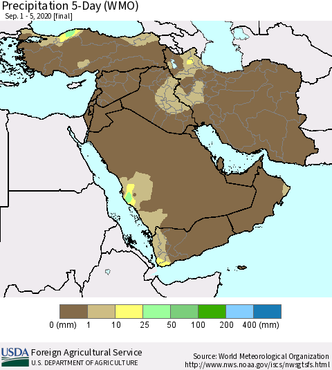 Middle East and Turkey Precipitation 5-Day (WMO) Thematic Map For 9/1/2020 - 9/5/2020