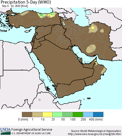 Middle East and Turkey Precipitation 5-Day (WMO) Thematic Map For 9/6/2020 - 9/10/2020