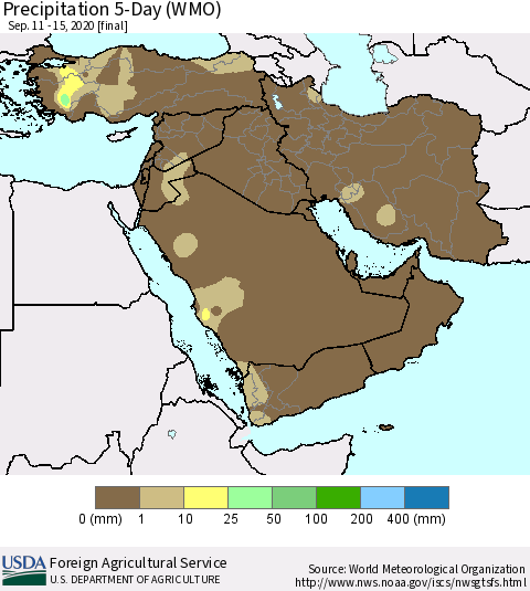 Middle East and Turkey Precipitation 5-Day (WMO) Thematic Map For 9/11/2020 - 9/15/2020