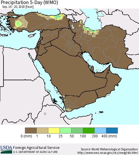 Middle East and Turkey Precipitation 5-Day (WMO) Thematic Map For 9/16/2020 - 9/20/2020