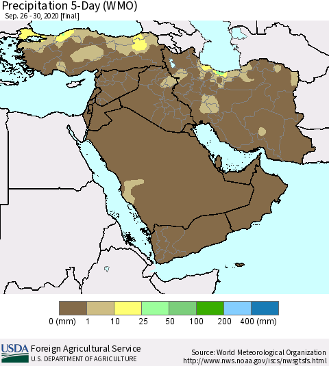 Middle East and Turkey Precipitation 5-Day (WMO) Thematic Map For 9/26/2020 - 9/30/2020