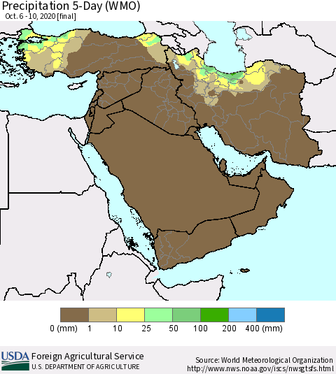 Middle East and Turkey Precipitation 5-Day (WMO) Thematic Map For 10/6/2020 - 10/10/2020