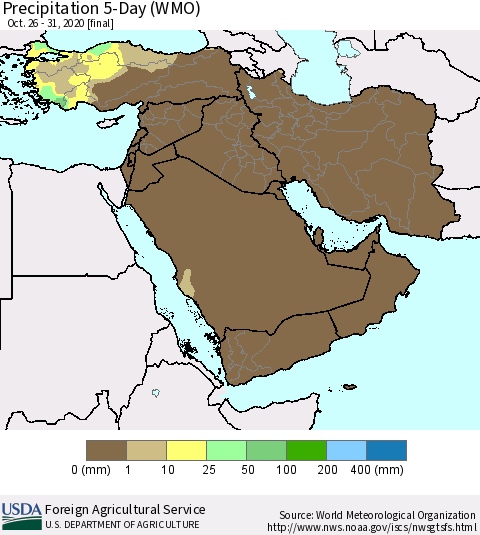 Middle East and Turkey Precipitation 5-Day (WMO) Thematic Map For 10/26/2020 - 10/31/2020