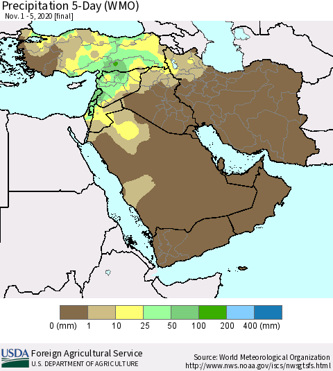 Middle East and Turkey Precipitation 5-Day (WMO) Thematic Map For 11/1/2020 - 11/5/2020