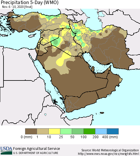 Middle East and Turkey Precipitation 5-Day (WMO) Thematic Map For 11/6/2020 - 11/10/2020