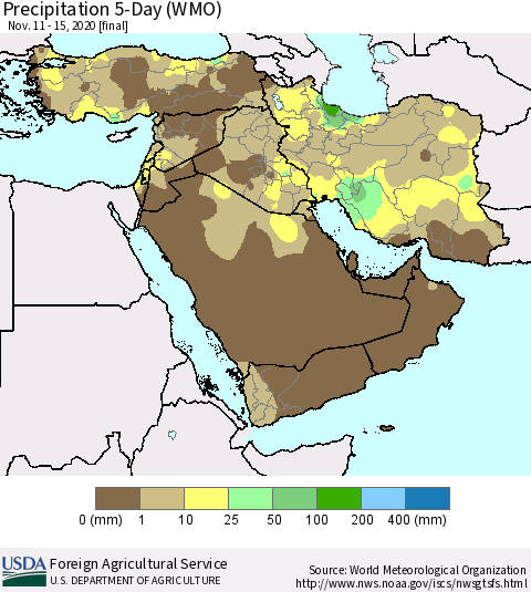 Middle East and Turkey Precipitation 5-Day (WMO) Thematic Map For 11/11/2020 - 11/15/2020