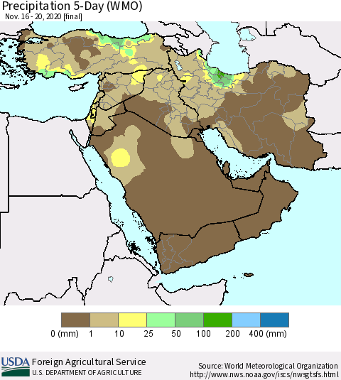 Middle East and Turkey Precipitation 5-Day (WMO) Thematic Map For 11/16/2020 - 11/20/2020