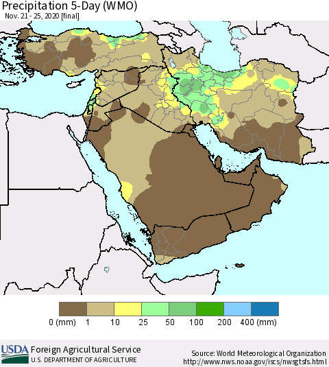Middle East and Turkey Precipitation 5-Day (WMO) Thematic Map For 11/21/2020 - 11/25/2020