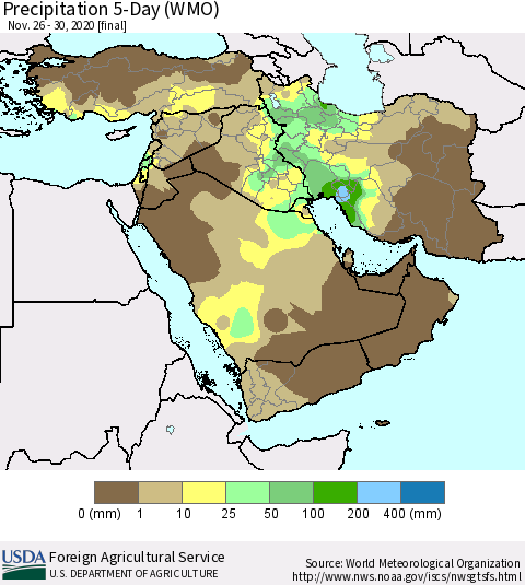 Middle East and Turkey Precipitation 5-Day (WMO) Thematic Map For 11/26/2020 - 11/30/2020