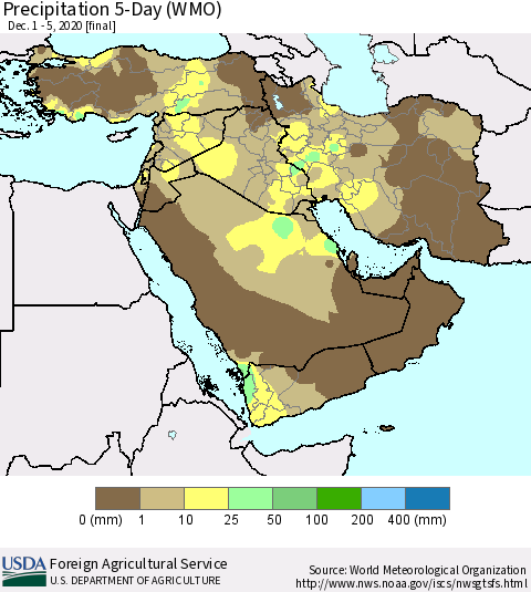 Middle East and Turkey Precipitation 5-Day (WMO) Thematic Map For 12/1/2020 - 12/5/2020