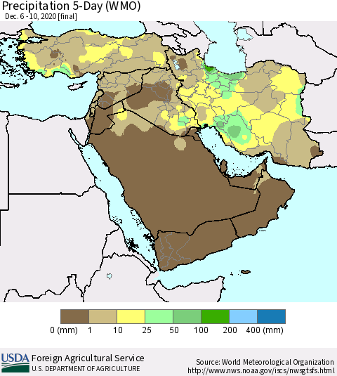 Middle East and Turkey Precipitation 5-Day (WMO) Thematic Map For 12/6/2020 - 12/10/2020