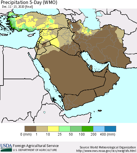 Middle East and Turkey Precipitation 5-Day (WMO) Thematic Map For 12/11/2020 - 12/15/2020