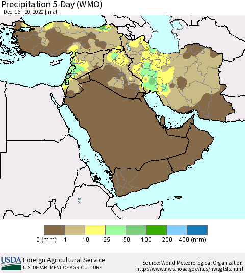 Middle East and Turkey Precipitation 5-Day (WMO) Thematic Map For 12/16/2020 - 12/20/2020