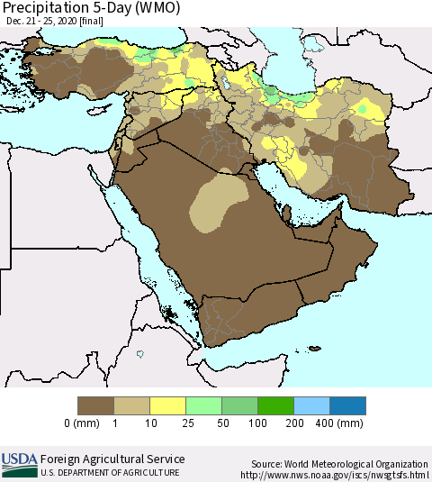 Middle East and Turkey Precipitation 5-Day (WMO) Thematic Map For 12/21/2020 - 12/25/2020
