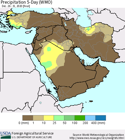 Middle East and Turkey Precipitation 5-Day (WMO) Thematic Map For 12/26/2020 - 12/31/2020