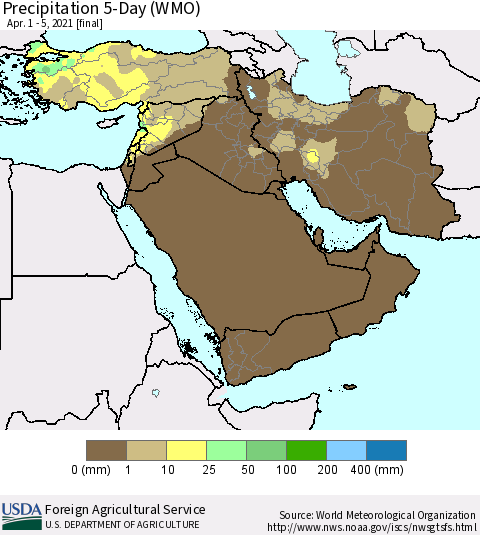 Middle East and Turkey Precipitation 5-Day (WMO) Thematic Map For 4/1/2021 - 4/5/2021
