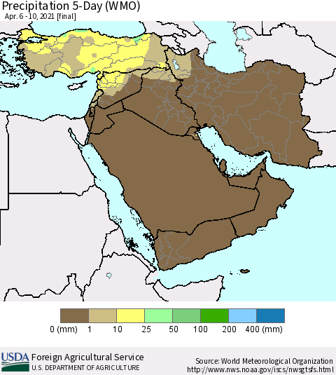 Middle East and Turkey Precipitation 5-Day (WMO) Thematic Map For 4/6/2021 - 4/10/2021