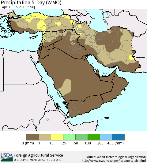 Middle East and Turkey Precipitation 5-Day (WMO) Thematic Map For 4/11/2021 - 4/15/2021