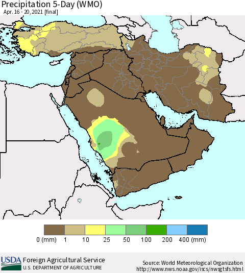 Middle East and Turkey Precipitation 5-Day (WMO) Thematic Map For 4/16/2021 - 4/20/2021