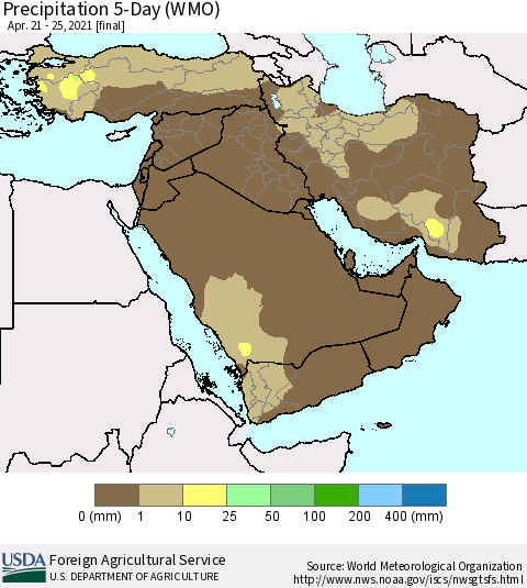 Middle East and Turkey Precipitation 5-Day (WMO) Thematic Map For 4/21/2021 - 4/25/2021