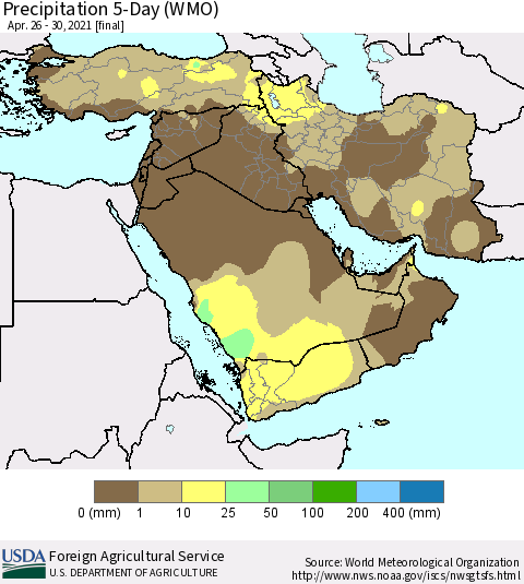 Middle East and Turkey Precipitation 5-Day (WMO) Thematic Map For 4/26/2021 - 4/30/2021
