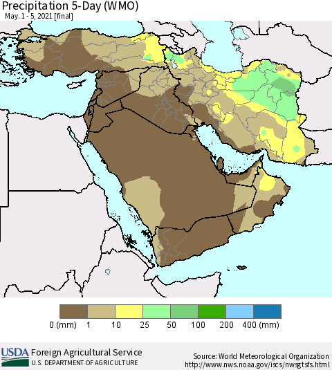 Middle East and Turkey Precipitation 5-Day (WMO) Thematic Map For 5/1/2021 - 5/5/2021