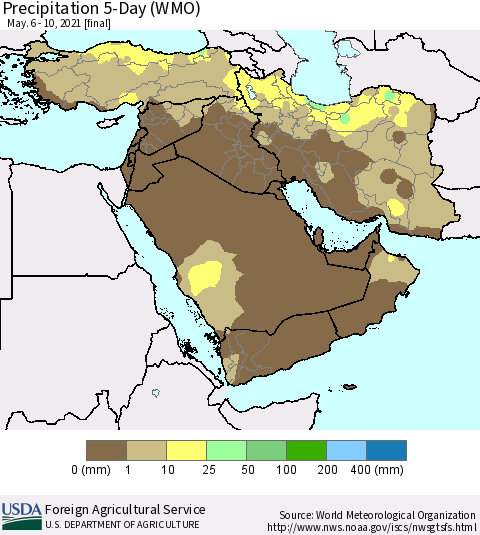 Middle East and Turkey Precipitation 5-Day (WMO) Thematic Map For 5/6/2021 - 5/10/2021