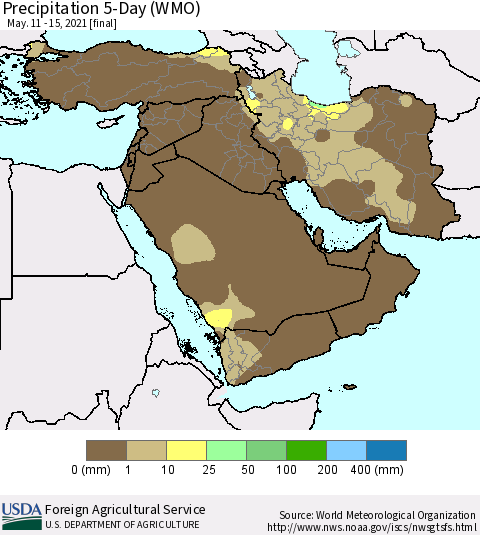 Middle East and Turkey Precipitation 5-Day (WMO) Thematic Map For 5/11/2021 - 5/15/2021