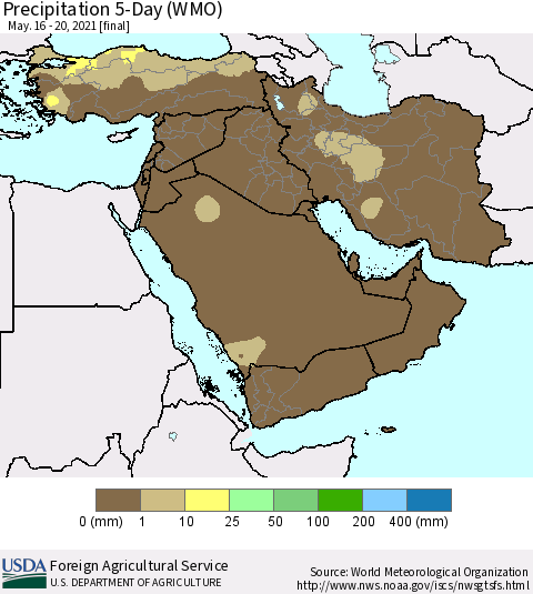 Middle East and Turkey Precipitation 5-Day (WMO) Thematic Map For 5/16/2021 - 5/20/2021