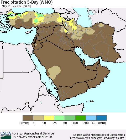 Middle East and Turkey Precipitation 5-Day (WMO) Thematic Map For 5/21/2021 - 5/25/2021