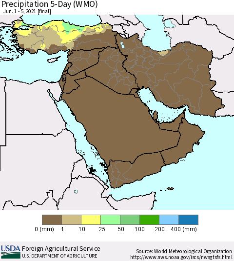 Middle East and Turkey Precipitation 5-Day (WMO) Thematic Map For 6/1/2021 - 6/5/2021