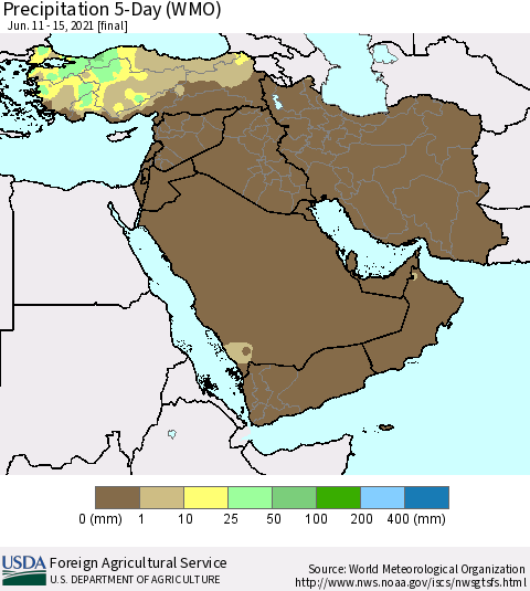 Middle East and Turkey Precipitation 5-Day (WMO) Thematic Map For 6/11/2021 - 6/15/2021