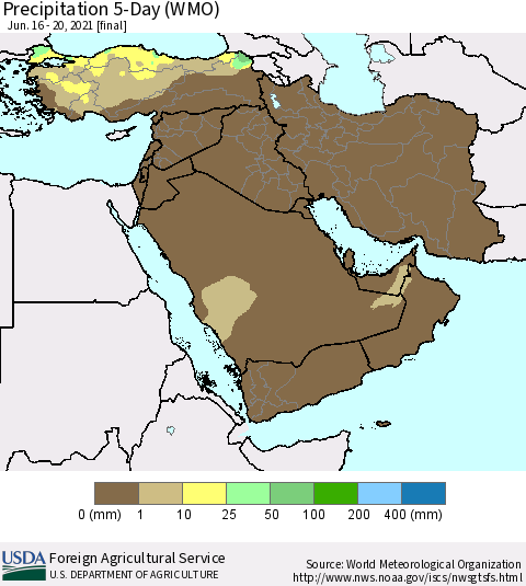 Middle East and Turkey Precipitation 5-Day (WMO) Thematic Map For 6/16/2021 - 6/20/2021