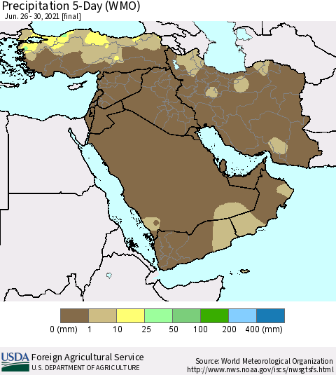 Middle East and Turkey Precipitation 5-Day (WMO) Thematic Map For 6/26/2021 - 6/30/2021