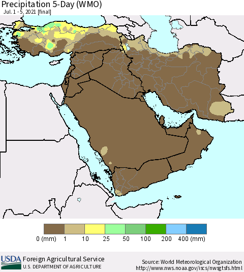 Middle East and Turkey Precipitation 5-Day (WMO) Thematic Map For 7/1/2021 - 7/5/2021