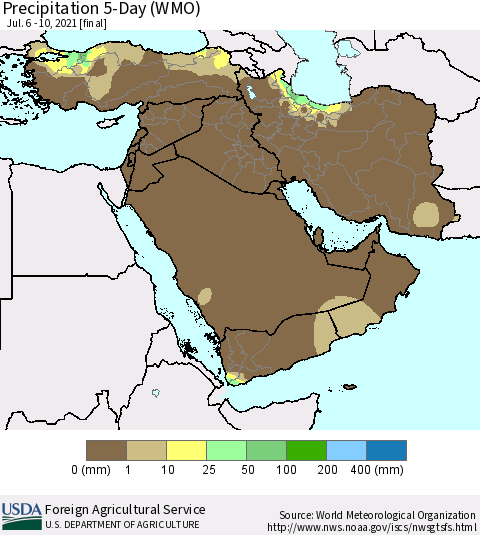 Middle East and Turkey Precipitation 5-Day (WMO) Thematic Map For 7/6/2021 - 7/10/2021