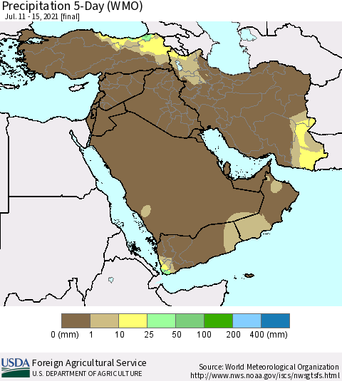 Middle East and Turkey Precipitation 5-Day (WMO) Thematic Map For 7/11/2021 - 7/15/2021