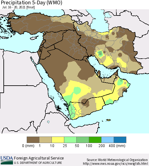 Middle East and Turkey Precipitation 5-Day (WMO) Thematic Map For 7/16/2021 - 7/20/2021
