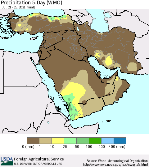 Middle East and Turkey Precipitation 5-Day (WMO) Thematic Map For 7/21/2021 - 7/25/2021