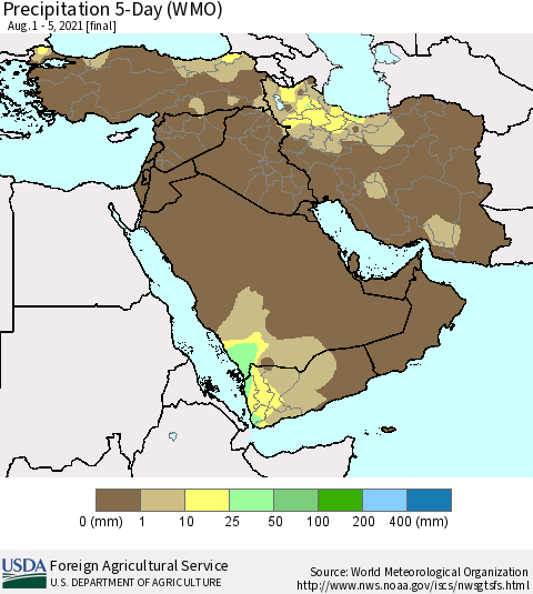 Middle East and Turkey Precipitation 5-Day (WMO) Thematic Map For 8/1/2021 - 8/5/2021