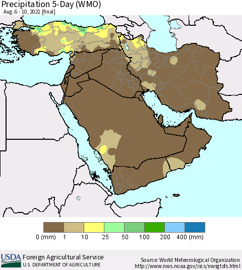 Middle East and Turkey Precipitation 5-Day (WMO) Thematic Map For 8/6/2021 - 8/10/2021