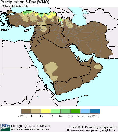 Middle East and Turkey Precipitation 5-Day (WMO) Thematic Map For 8/11/2021 - 8/15/2021