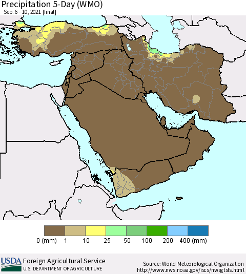 Middle East and Turkey Precipitation 5-Day (WMO) Thematic Map For 9/6/2021 - 9/10/2021