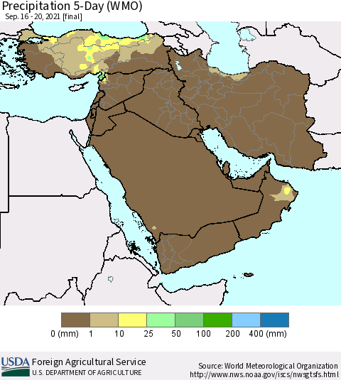Middle East and Turkey Precipitation 5-Day (WMO) Thematic Map For 9/16/2021 - 9/20/2021