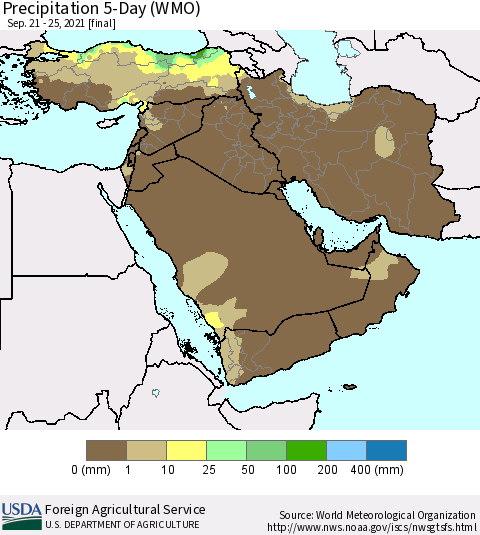 Middle East and Turkey Precipitation 5-Day (WMO) Thematic Map For 9/21/2021 - 9/25/2021