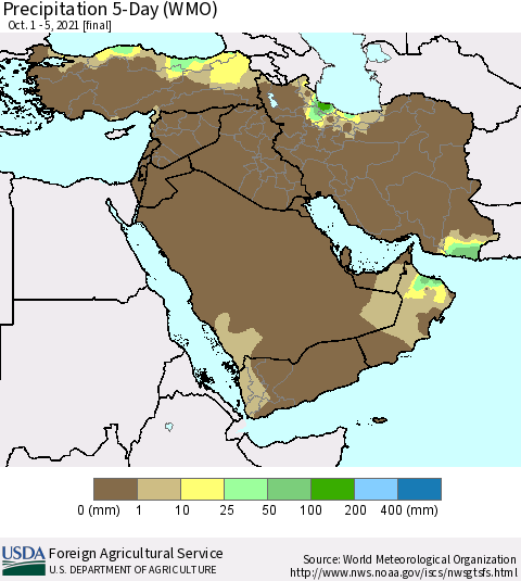 Middle East and Turkey Precipitation 5-Day (WMO) Thematic Map For 10/1/2021 - 10/5/2021